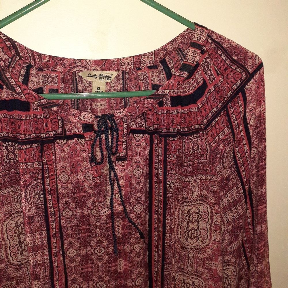 Lucky Brand Red Paisley Peasant Blouse with Navy Accents